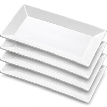 Porcelain Rectangular Dinner Platters, 9.75 Inch Rectangle Serving Plates for Sushi, Snacks, Cake, Meat & Appetizers, Set of 4, Elegant White Design | Durable Ceramic Serving Trays for Snacks, Steak, Sushi, Desserts and Parties, Stackable, Dishwasher/Micr