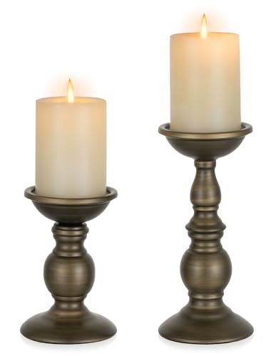 NUPTIO Bronze Pillar Candle Holders: Metal Candle Stand for 3" Candles | (S + L) Iron Candle Holders for Centerpieces, Gifts for Wedding Party Home Spa Reiki Votive Candle - color: Bronze, size: S + L