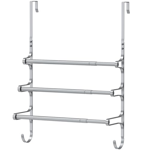 CANYAVE Over The Door Towel Rack, Over Door Towel Rack for Bathroom Door, Triple Towel Storage Holder with Hooks (Silver) - color: Silver Gray, size: 17.32"L