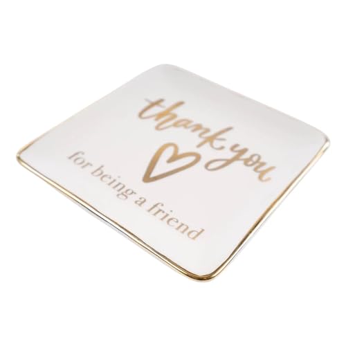 Ceramic Jewelry Tray - 6" x 6" Hand Painted Trinket Dish Aesthetic Home Decor, Small Ceramic Dish or Gold Decorative Tray with Metallic Gold Lettering, Vanity Decor, Shower or Bridal Gifts - style: Thank You for being a Friend