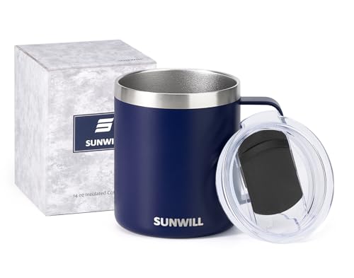 SUNWILL Insulated Coffee Mug, Stainless Steel 14 oz, Splash-Proof Lid | Keeps Drinks Hot & Cold, Powder-Coated Navy Blue Finish, Dishwasher Safe, Ideal for Home & Office - color: Powder Coated Navy Blue