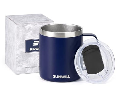 SUNWILL Insulated Coffee Mug, Stainless Steel 14 oz, Splash-Proof Lid | Keeps Drinks Hot & Cold, Powder-Coated Navy Blue Finish, Dishwasher Safe, Ideal for Home & Office - color: Powder Coated Navy Blue