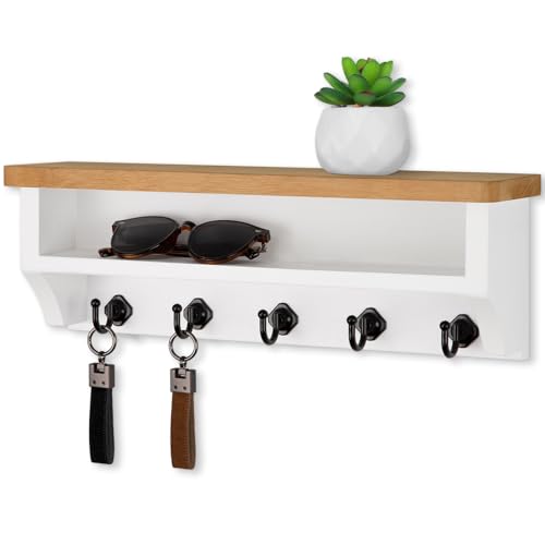 Nekon Key Holder Wall Mount, Wall Organizer Shelf with 5 Key Hooks | Wall Mounted Key Rack Room Decor for Home and Apartment Essentials - color: Wood & White