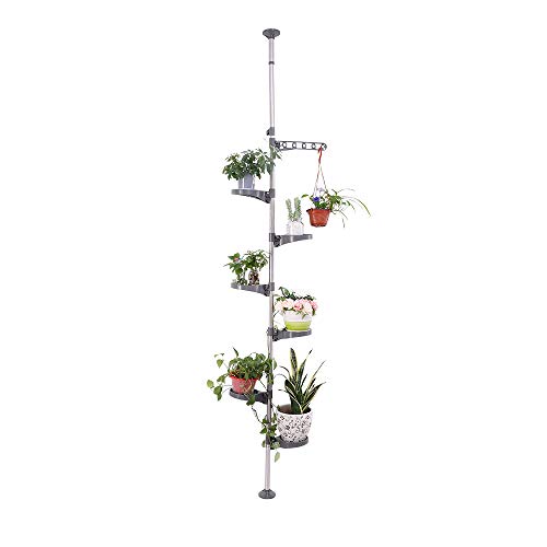 BAOYOUNI 7-Tier Plant Pole Tension Rod Expandable Flower Stand Grey | Adjustable 7.5-9.5ft Corner Storage Shelf,6 Trays + Hanger，360° Rotating Plant Display Rack ,No Tools Assembly - color: Grey, size: 1 x 7 Tier