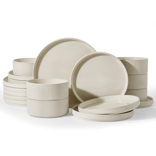 Famiware Stoneware Dinnerware Sets for 8, 24pc Rimmed Plates, Bowls, Dishes | Chip & Scratch Resistant Ceramic, Microwave & Dishwasher Safe, Everyday & Formal Use, Modern Rustic, Lipped Edges, Oat White - color: Oat White, size: Service for 8