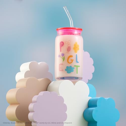JoyJolt Disney Winnie the Pooh & Friends Flower Power Glass Tumblers with Lids and Straws, 16oz Glass Cups with Lids and Straws, Can Shaped Drinking Glasses Set of 4, Disney Gifts for Adults - style: Winnie the Pooh