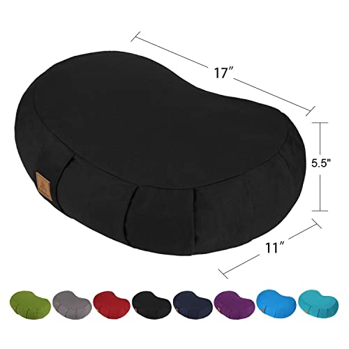 Crescent Zafu Meditation Pillow, D=17" W=11" H=5.5" Zabuton Yoga Bolster, Meditation Cushion, Floor Pouf Yoga Pillow Zippered Organic Cotton Cover Natural Buckwheat kneeling pillow - Large - color: Black