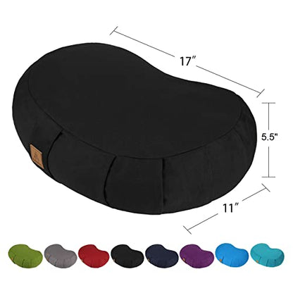 Crescent Zafu Meditation Pillow, D=17" W=11" H=5.5" Zabuton Yoga Bolster, Meditation Cushion, Floor Pouf Yoga Pillow Zippered Organic Cotton Cover Natural Buckwheat kneeling pillow - Large - color: Black