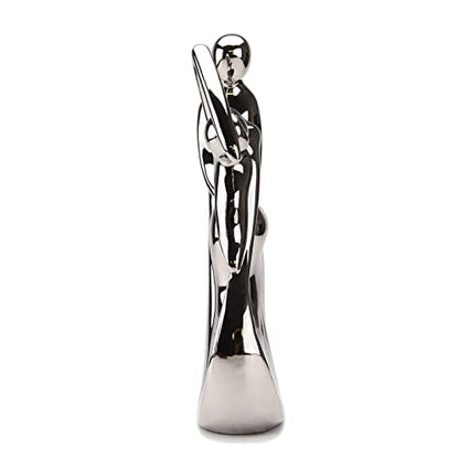 Romantic Couple Dancing Sculpture, Silver Electroplated Ceramic, 11in(H) | Abstract Modern Statue, Smooth Finish, Home Shelf Desk Decoration, Wedding Gift, Collectible Figurine