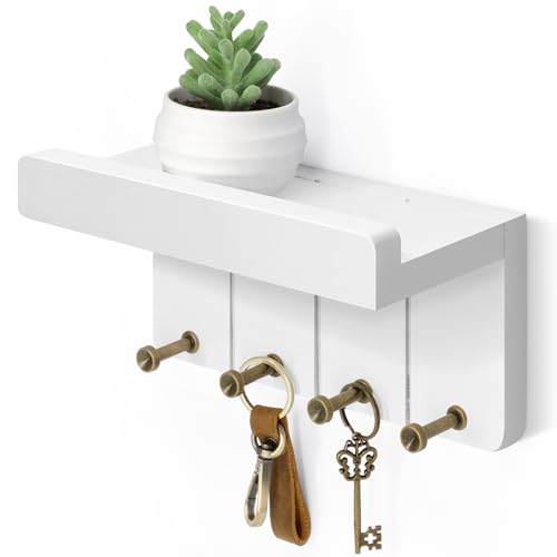 Rebee Vision Small Key Holder Wall Mount with 4 Hooks for Apartment, White | Key Holder for Wall, Mini Floating Shelf, Plant Display, Apartment Essentials, Farmhouse Living Room Decor, Home Storage - color: C - White, size: Small - 8 inch