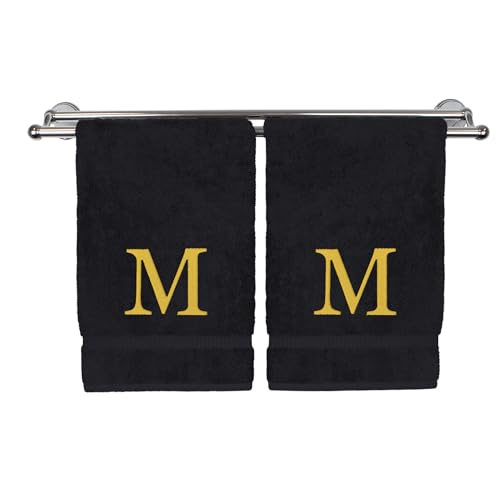 Monogrammed Hand Towel, Personalized Gift, Set of 2- Gold Block Letter Embroidered Towel - Extra Absorbent 100% Turkish Cotton - Soft Terry Finish - Initial M Black - color: Black & Gold, size: Initial M