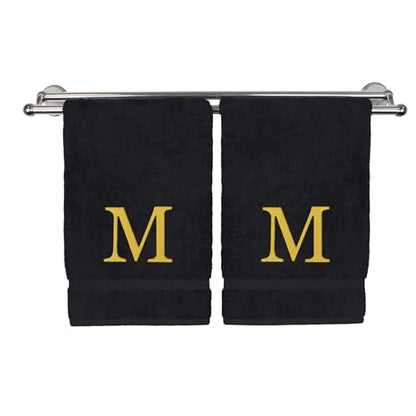 Monogrammed Hand Towel, Personalized Gift, Set of 2- Gold Block Letter Embroidered Towel - Extra Absorbent 100% Turkish Cotton - Soft Terry Finish - Initial M Black - color: Black & Gold, size: Initial M