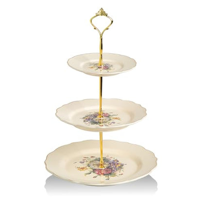 Sweejar 3 Tier Ceramic Cake Stand Wedding, Dessert Cupcake Stand for Tea Party Serving Platter(Flower Style) - color: Flower Style