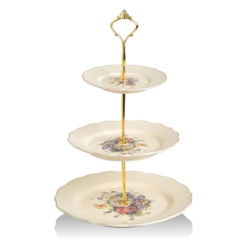 Sweejar 3 Tier Ceramic Cake Stand Wedding, Dessert Cupcake Stand for Tea Party Serving Platter(Flower Style) - color: Flower Style