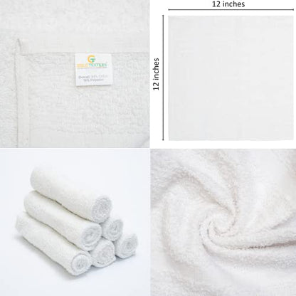12 Pack Economy White Washcloths Set (12x12 inches) - Cotton Blend Commercial Grade Cleaning Rags, Quick Drying & Soft Face Cloths, Fingertip Towels for Bathroom, Spa, Gym, and Kitchen