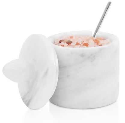 Marble Salt Cellar with Lid 4" Inch White Handmade Salt Jar & Table Salt Storage For Kitchen Countertop, Ideal Salt Container, Salt Dish & Sugar Bowl For Table - color: White