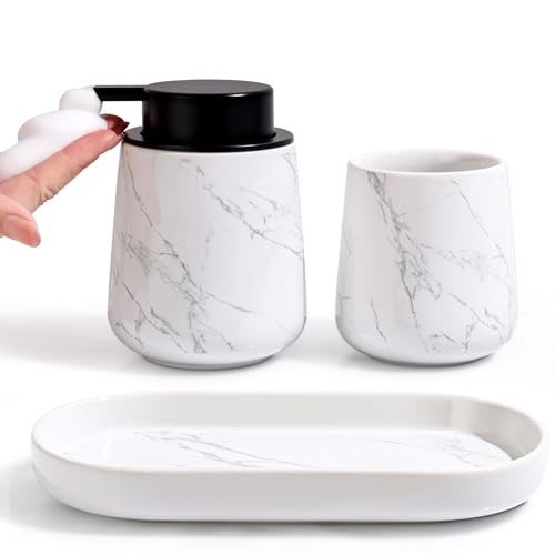 BosilunLife Ceramic Bathroom Accessories Set 3 Pcs | Foaming Soap Dispenser and Toothbrush Holder with Tray, Modern Farmhouse Vanity Decor, Narble Pattern Housewarming Gift - color: Marble, style: Foam