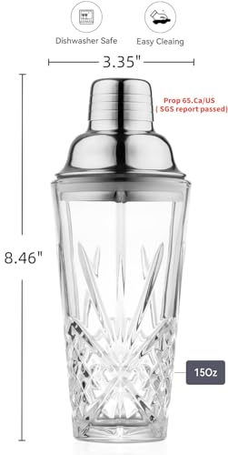 Glass Cocktail Shaker, 15oz Cutting Design - Exquisite Martini Shaker for Elevated Mixology. Perfect for Christmas, Hoiday, BBQ,Outdoor Party,Spring, Summer (Drink Shaker & Gold Pourer) - color: 15oz Shaker & Gold Pour Spout