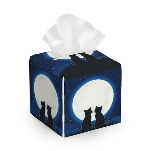 Tissue Box Cover,Black Cat at Night Sky Tissue Box Holder Waterproof Leather Facial Paper Organizer Dispenser for Bathroom Home Car Nightstand Vanity - color: Black Cat at Night Sky