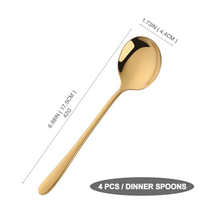 Round Stainless Steel Bouillon Spoons Soup Spoon, Gold Stainless Steel Large, Heavy-Weight Deep Bowl Spoon Set, Dinner Metal Spoons Set Grain Dessert Milk, Set of 4 - size: 4 pcs Gold