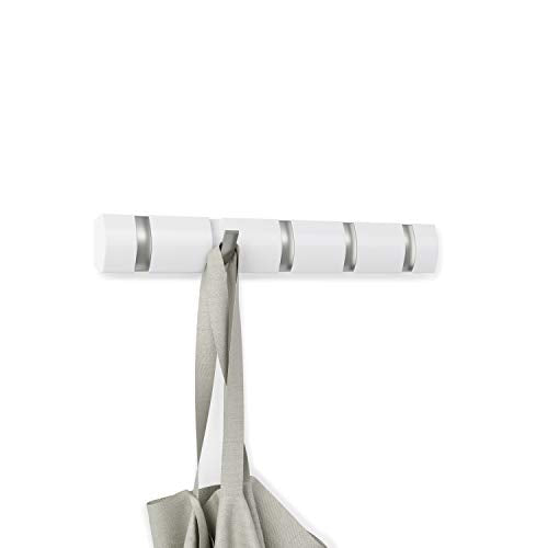 Umbra Flip Coat Rack, Wall Mounted 5-Hook Space Saving, White/Nickel | Real wood and steel build, retractable hooks fold flat, holds coats bags and scarves, easy install - color: White/Nickel, size: 5-Hook
