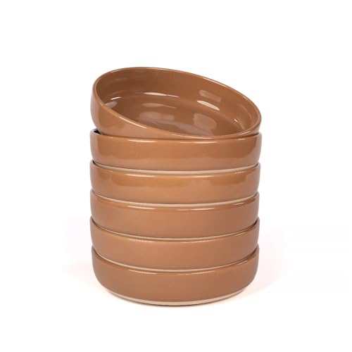 OTAGO 8" Stoneware Salad and Pasta Bowls Set of 6 with Partially Unglazed Base, Scratch Resistant Ceramic Dish Set, Microwave & Dishwasher Safe，Brown - color: Brown, size: 6 Pieces