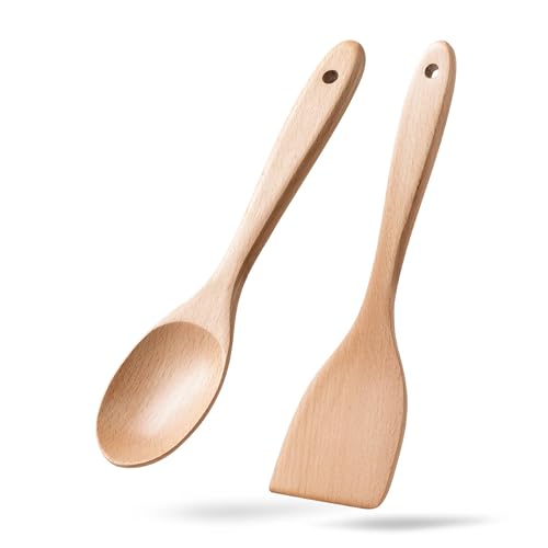 Wooden Spatulas for Cooking, 2 Pack, 12 Inch, Beech Wood | Thin flat edges help flip, stir and scrape; long handles provide comfortable reach and stay gentle on nonstick cookware thick - color: Beech Yellowish, size: Thick 13" Spoon + Spatula