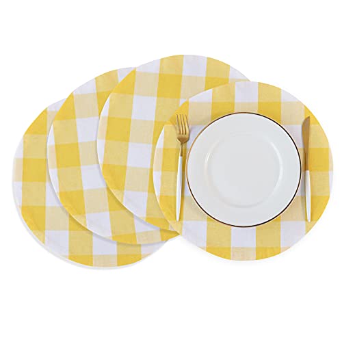Yellow & White Cotton Buffalo Check Round Placemat, Set of 4, 15 Inch eco-Friendly Fabric Handcrafted Machine Washable Indoor & Outdoor Tablemat - color: Plaids Yellow & White, size: Round Placemats 15"
