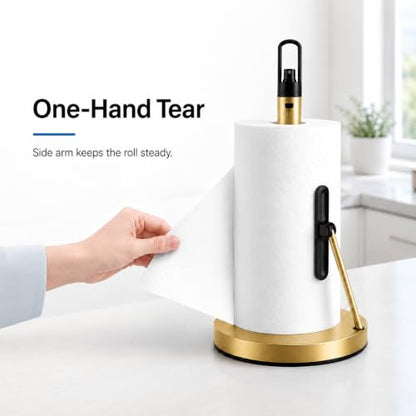 Paper Towel Holder with Spray Pump, All-in-One Countertop Paper Towel Stand with Refillable Bottle, One-Handed Tear Kitchen Roll Holder, Weighted Base, Brushed Stainless Steel (Gold) - color: Gold
