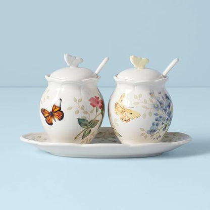 Lenox Butterfly Meadow Porcelain Condiment Set, 7-Piece | dishwasher safe | condiment containers with lids, gift for women, kitchen storage, pantry organization - style: 7-Piece Condiment Set