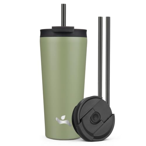 Konokyo 22 oz Insulated Tumbler Water Bottle with Straw Lid, ArmyGreen | Stainless steel insulated tumbler for coffee, water and iced drinks; spill-proof lid, 2 straws, cup-holder friendly - color: ArmyGreen, size: 22 Ounces