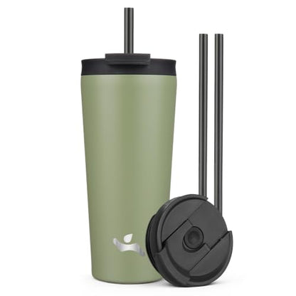 Konokyo 22 oz Insulated Tumbler Water Bottle with Straw Lid, ArmyGreen | Stainless steel insulated tumbler for coffee, water and iced drinks; spill-proof lid, 2 straws, cup-holder friendly - color: ArmyGreen, size: 22 Ounces