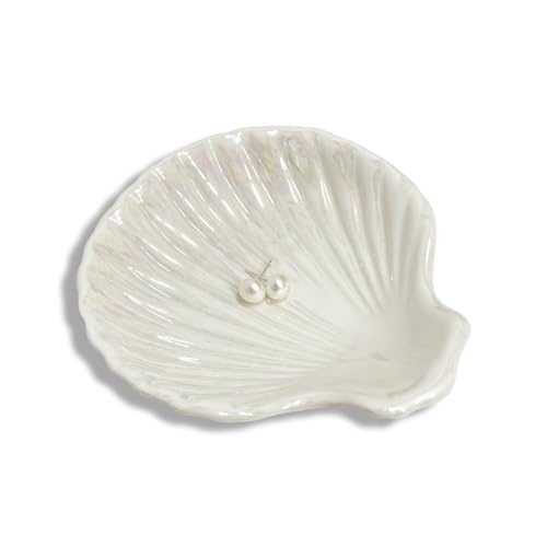 Ring Dish Shell Shape Ceramic Jewelry Dish Tray, Decorative Trinket Dish Organizing Rings Earrings Necklaces Keys, Mothers Day Christmas Birthday Gifts for Women, 3.9", White Iridescent Surface - color: White