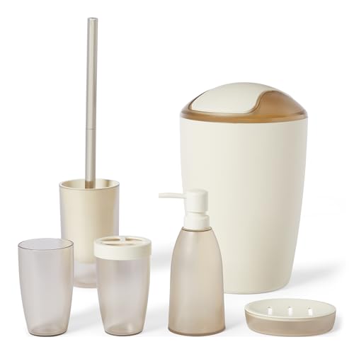 Amazon Basics 6-Piece Bathroom Accessory Set with Toothbrush Holder, Soap Dispenser, Soap Dish, Toothbrush Cup, Trash Can and Toilet Brush & Holder, Ivory - color: Ivory