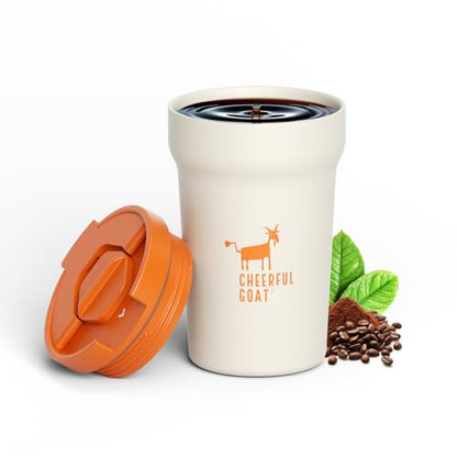 CHEERFUL GOAT Ceramic Lined Coffee Travel Mug – Stainless Steel Travel Coffee Tumbler with Ceramic Liner, with lid, 12oz Coffee Cup for Hot and Cold Water Coffee at Home, Office, or On the Go (white) - color: White