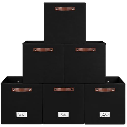 FinishingBo 13 inch Storage Bins with Labels 6 Pack | PU Leather Handles, Foldable Storage Cubes, Storage Baskets, Closet Storage, Black - color: Black, size: 13 x 13 x 13 inch
