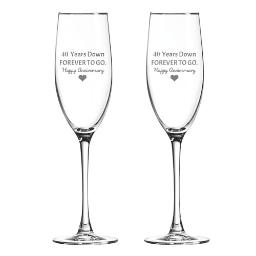 Set of 2, Wedding Anniversary Glasses, 40 Years Down - Forever To Go - Happy Anniversary 8 Oz Laser Engraved Clear Custom Crafted Elegant Champagne Flute Premium Glass Crystal - style: DownForever-40