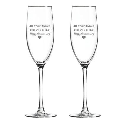 Set of 2, Wedding Anniversary Glasses, 40 Years Down - Forever To Go - Happy Anniversary 8 Oz Laser Engraved Clear Custom Crafted Elegant Champagne Flute Premium Glass Crystal - style: DownForever-40