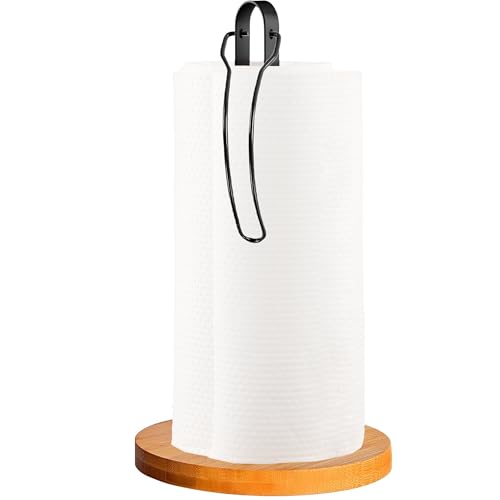 Wood Paper Towel Holder Countertop, TONLEA Kitchen Paper Towel Holder FreeStanding with Fixer for Kitchen and Bathroom Organization, Kitchen Roll Holder for Standard and Large Rolls - color: Black, size: B