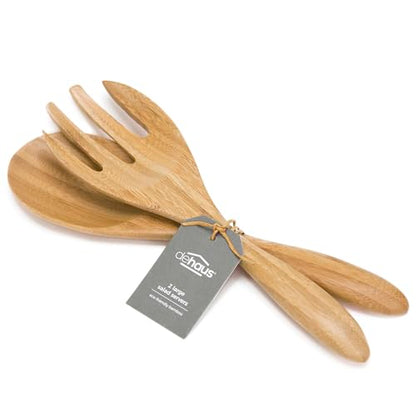Dehaus® 12" Extra Large Bamboo Salad Servers - Wooden Salad Serving Spoons - Eco Friendly Salad Tossing Utensils - Giant Wooden Salad Hands - Bamboo Salad Tongs