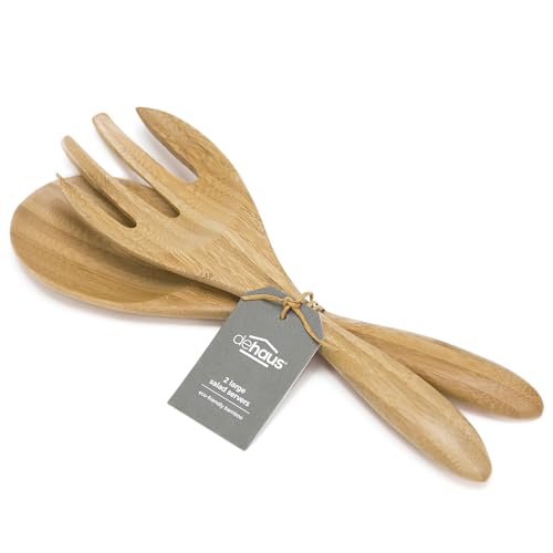 Dehaus® 12" Extra Large Bamboo Salad Servers - Wooden Salad Serving Spoons - Eco Friendly Salad Tossing Utensils - Giant Wooden Salad Hands - Bamboo Salad Tongs