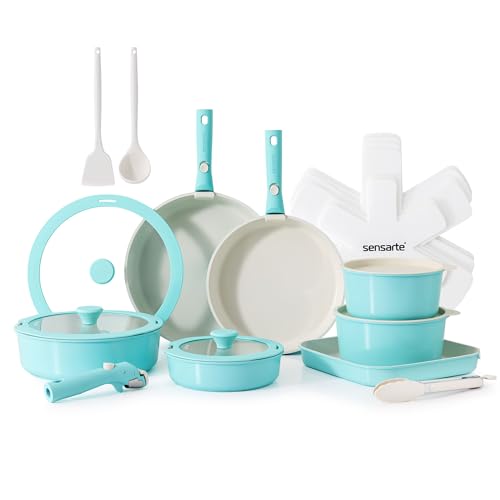 SENSARTE 24 Piece Ceramic Detachable Handle Pots and Pans Set Turquoise | Ceramic Cookware Set, Induction Cookware Set with Removable Handle, Healthy Non Stick for RV, Dishwasher ＆ Oven Safe - color: Turquoise, size: 24 Piece