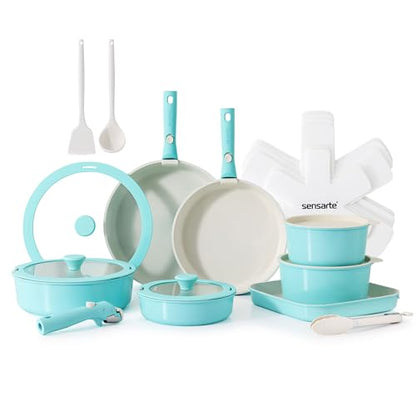 SENSARTE 24 Piece Ceramic Detachable Handle Pots and Pans Set Turquoise | Ceramic Cookware Set, Induction Cookware Set with Removable Handle, Healthy Non Stick for RV, Dishwasher ＆ Oven Safe - color: Turquoise, size: 24 Piece