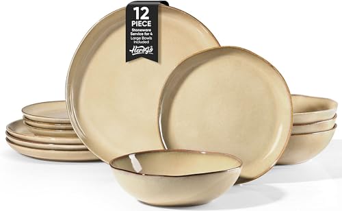 Herogo 12pcs Stoneware Dinnerware Sets for 4, Irregular Handmade Dinner Plates and Bowls, Kitchen Dining Dish Dishware Set, Microwave & Dishwasher Safe, Cream Khaki - color: Cream Khaki, size: 4 Set (12pcs)