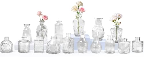 Glass Bud Vase Set of 16, Mini Vintage Vase, Clear | Small Vases for Flowers, Clear Flower Vases for Wedding, Table, Party, Home Decor