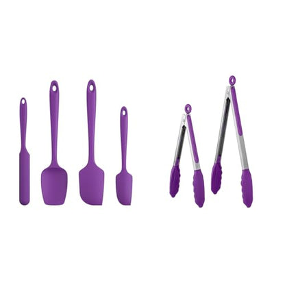 U-Taste 600ºF High Heat-Resistant Non-Stick Kitchen Cooking Tongs Set of 2, and Upgraded 600ºF High Resistant Flexible and Sturdy Silicone Spatula Set of 4 (Purple)