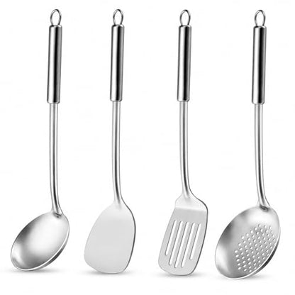 Pleafind Cooking Utensils Set - 4 Pcs Stainless Steel Kitchen Utensils Set with Solid Turner, Slotted Turner, Serving Ladle, Slotted Spoon, Wok Utensils Set with Heat Resistant Handle, Dishwasher Safe - color: 4P-Silver