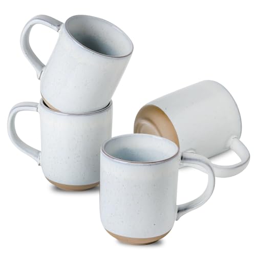 Ceramic Coffee Mugs Set of 4, 14oz Coffee Cups with Large Handle, Stoneware Two-Tone Tea Mugs for Latte, Cappuccino, Bluish White Speckled, Terracotta Base,Housewarming Gift,Dishwasher&Microwave Safe - color: White, size: 14 OZ