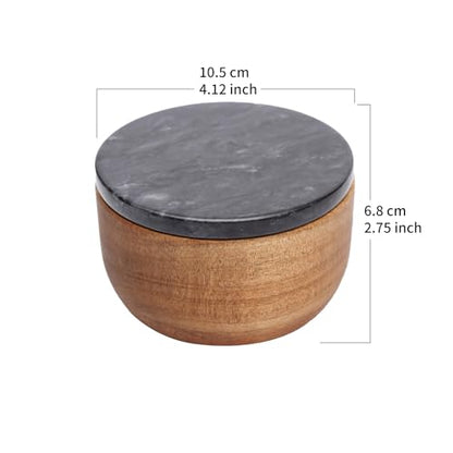 jalz jalz Acacia Wood Salt Cellar with black Marble Lid, 10oz Pinch Pot & Spoon - color: Black Cover Natural Base