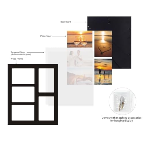 4x6 5-Opening Collage Picture Frame Black Wood | 5 openings, shatter-resistant glass, tabletop/wall mount, for 4x6 photos - size: 4x6 - 5 Opening